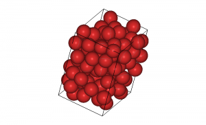 Fig. 1: Image of a hard-sphere packing in a maximally random jammed state that was obtained via a compression algorithm with standard periodic boundary conditions unable to prevent a minimal percentage of 'rattlers', i.e. caged but movable particles.